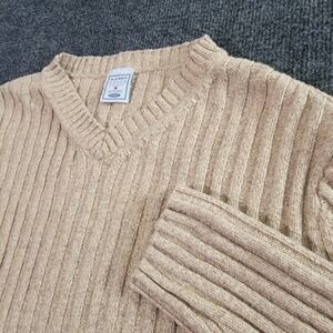 Old Navy Sweater Medium Beige Ribbed Knit V Neck Long Sleeve‎ Pullover VTG Y2K